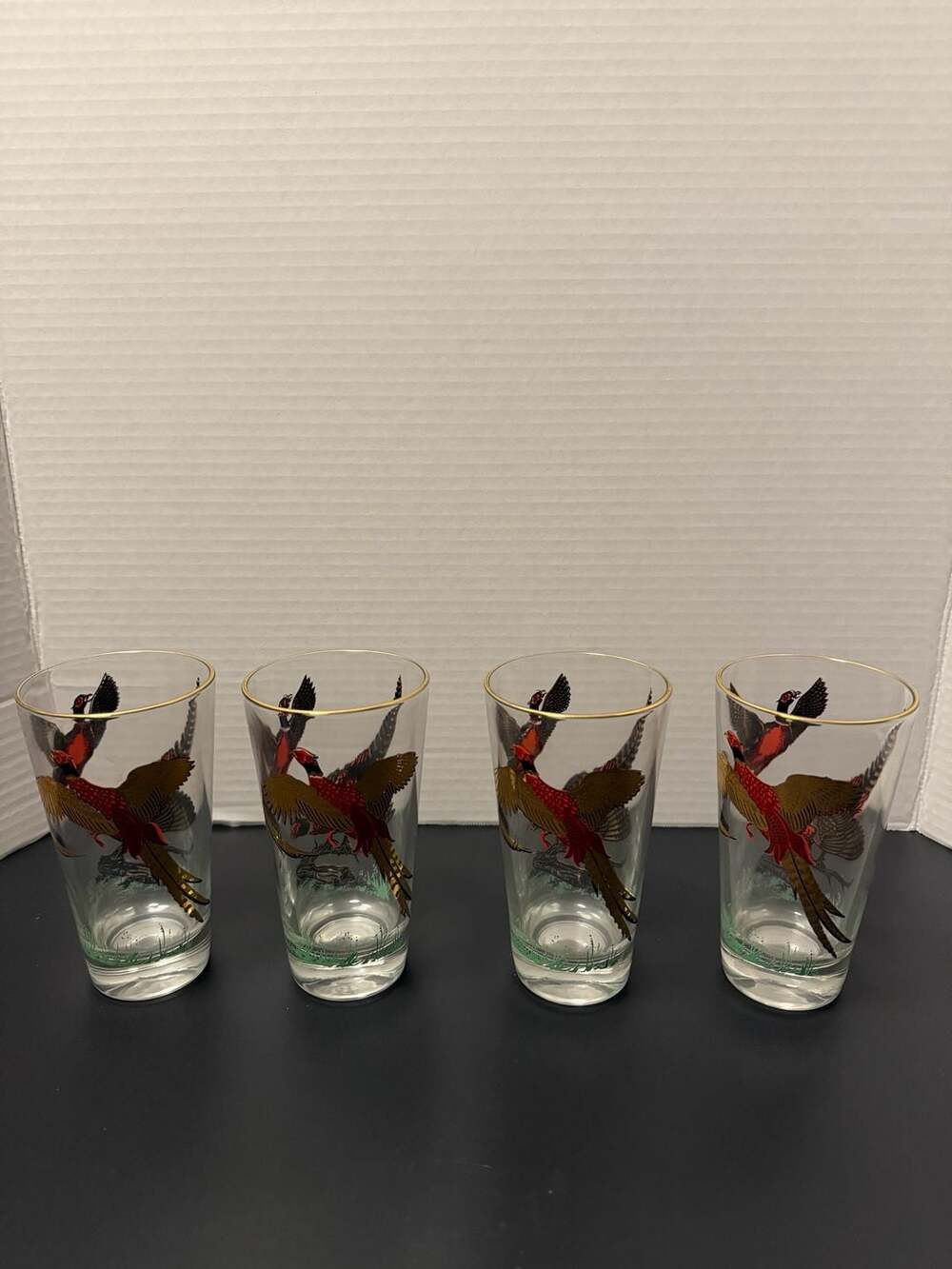Vintage Hazel Atlas Gold Rimmed Pheasant Tumblers Set of 4 Mid-Century Modern Hi